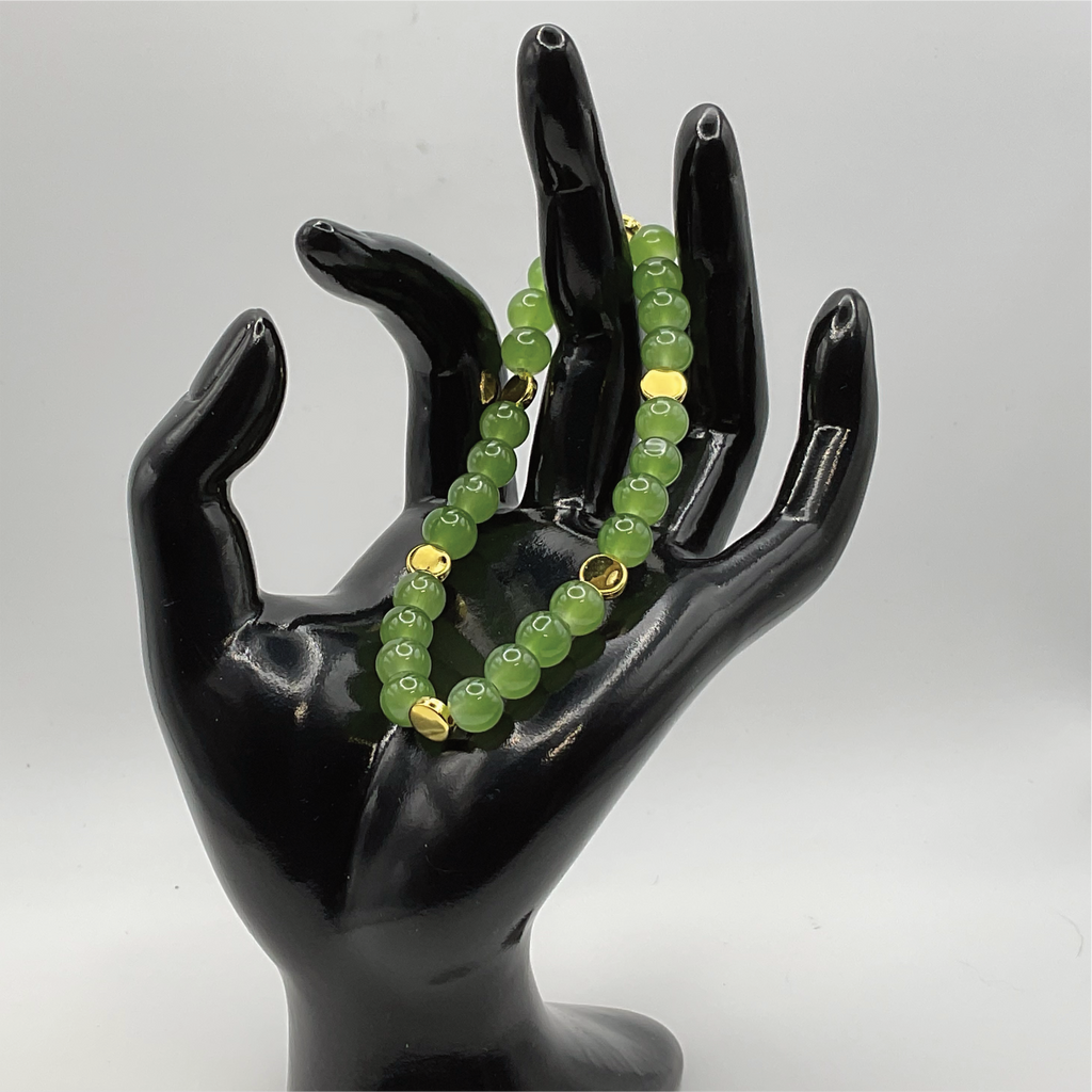 Green Glass Bracelet with Gold Disc Spacers
