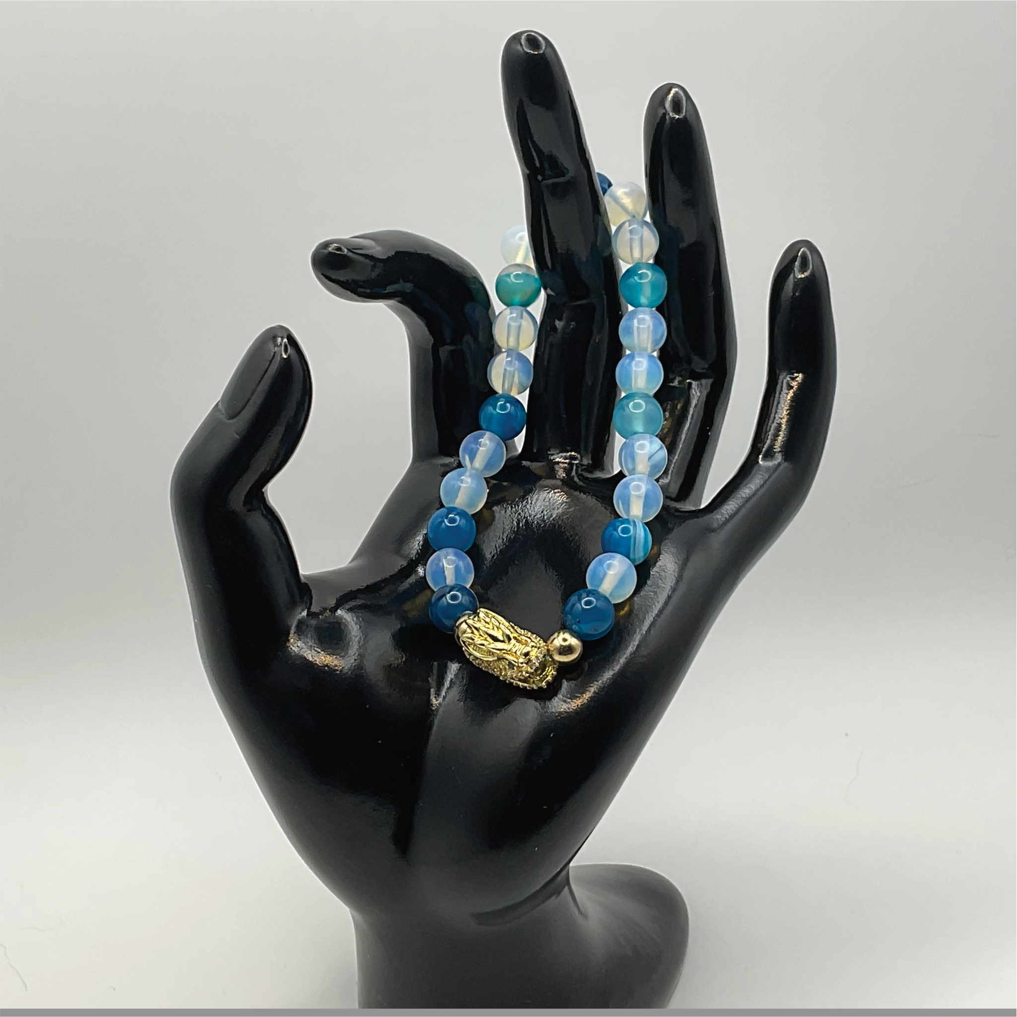 Blue Dragon Vein Agate Sea Opal Dragon Charm Bracelet with Gold Tone Spacers