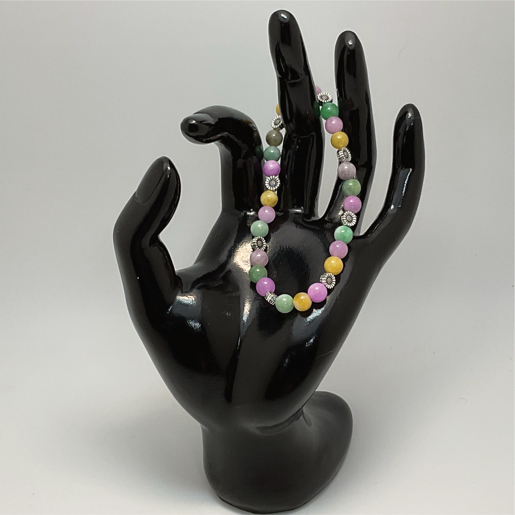 Pulsera de Jaspe Mookaita, Jadeíta y Calcedonia Verde con Separadores de Flores de Plata