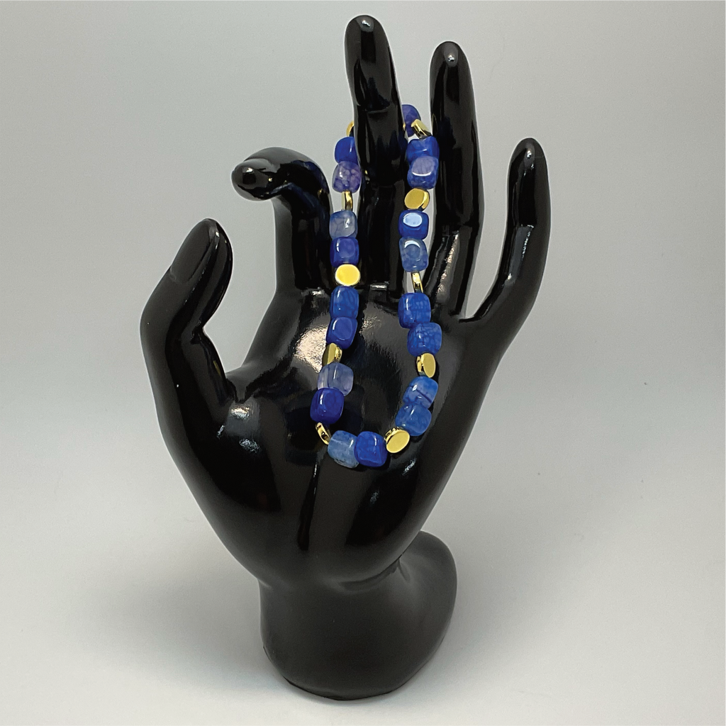 Blue Square Dragon Agate Bracelet with Gold Disc Spacers
