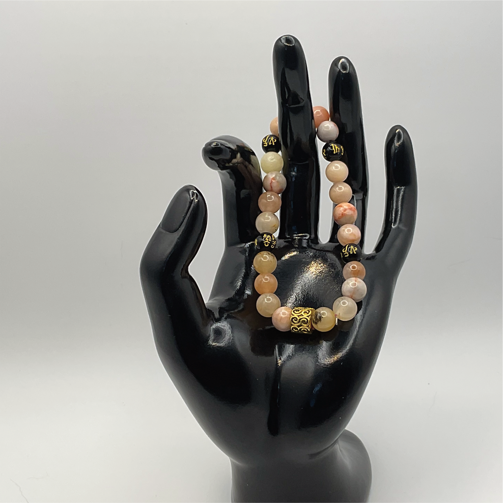 Oriental Agate Pixiu Bracelet with Gold Tone Barrel Spacers