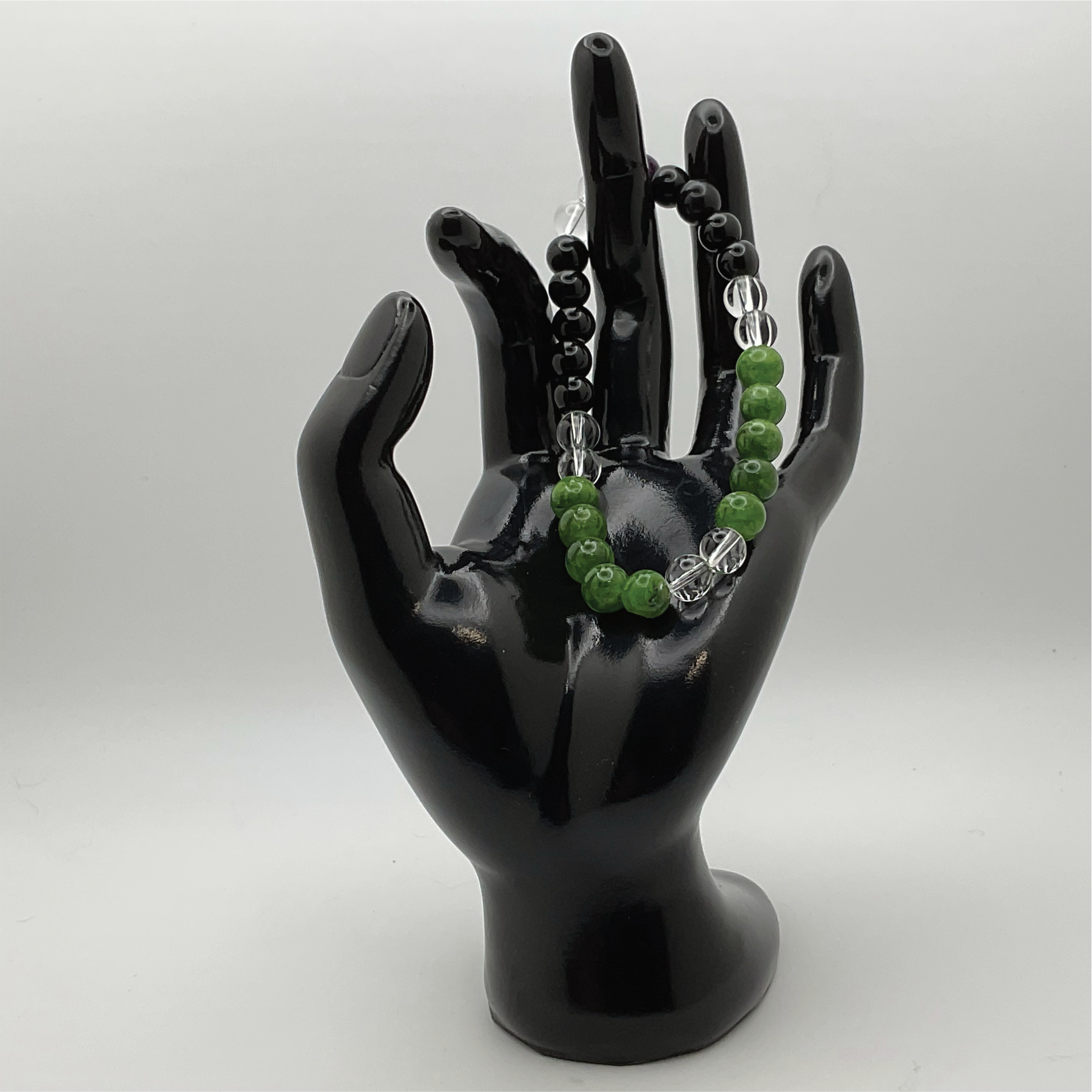 Pulsera de peridoto, ágata negra y cuarzo transparente