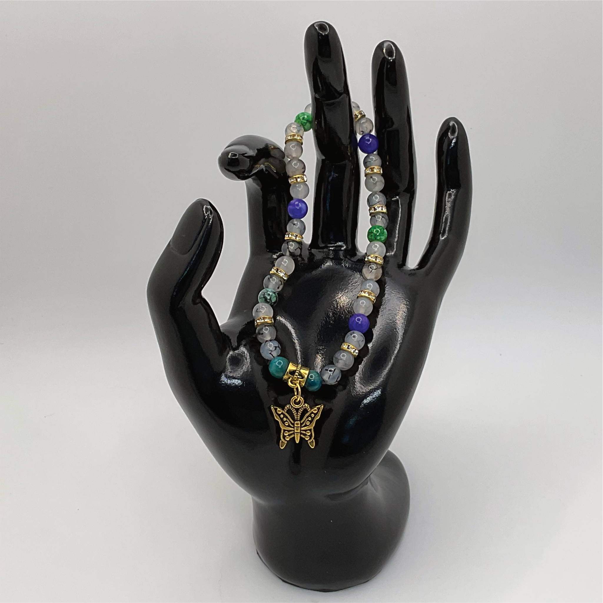 Blue Dragon Vein Jadite Clear Dragon Vein Butterfly Charm Bracelet with Gold Crystal Spacers