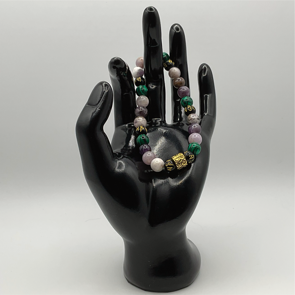 Malachite Amethyst Black Pixiu Bracelet with Gold Tone Barrel Spacer