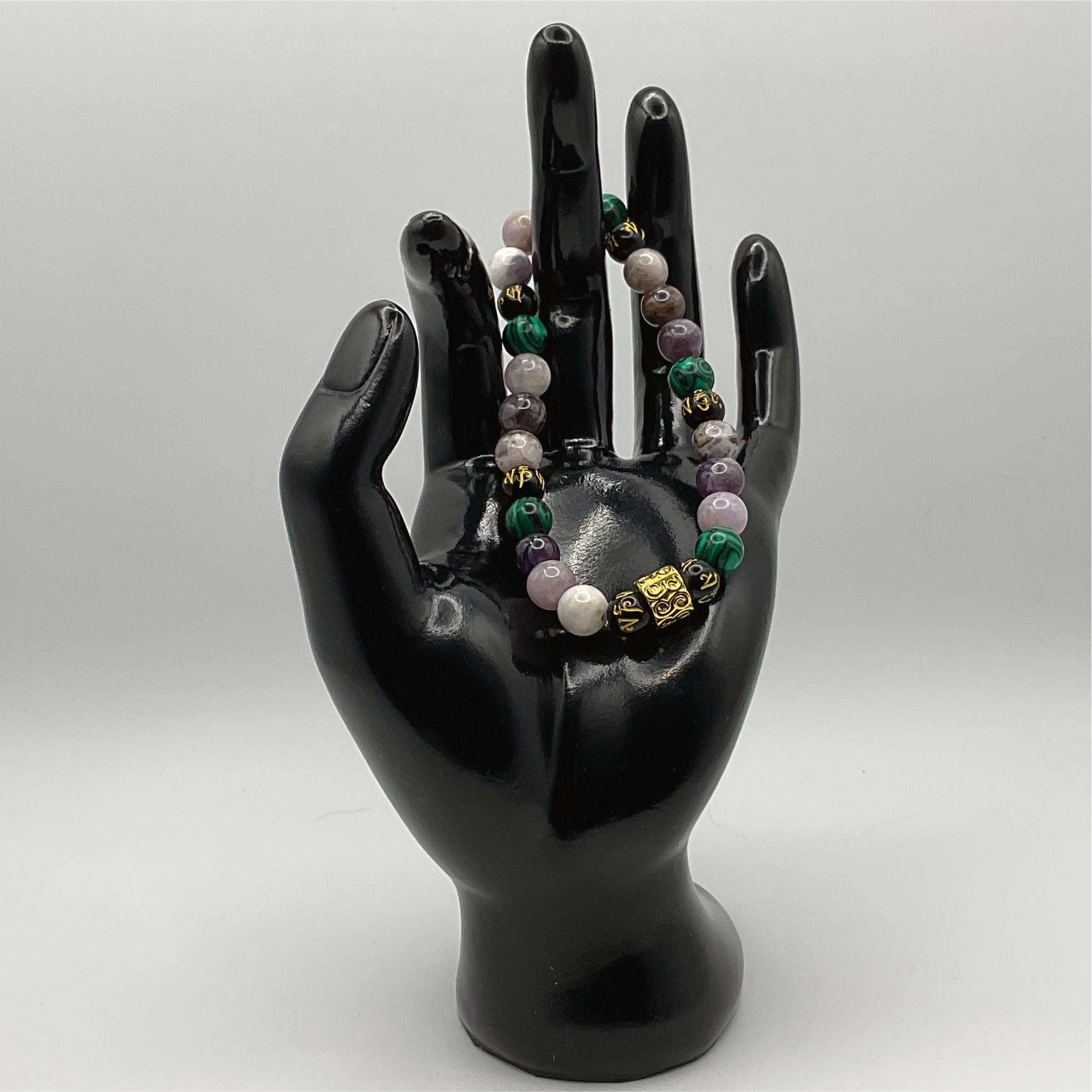 Malachite Amethyst Black Pixiu Bracelet with Gold Tone Barrel Spacer
