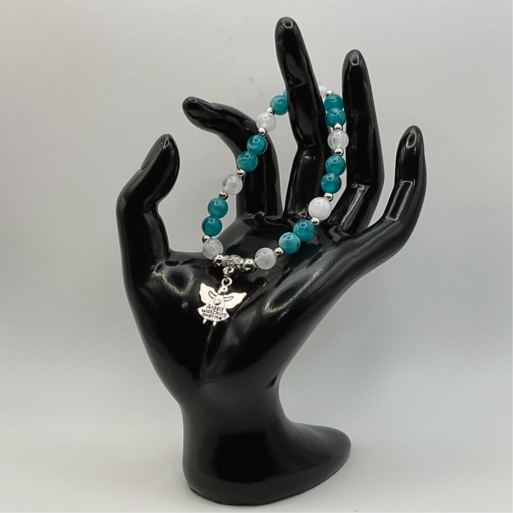 Pulsera con dije de ángel de cuarzo lechoso de ágata Dragon Vein con espaciadores tono plateado