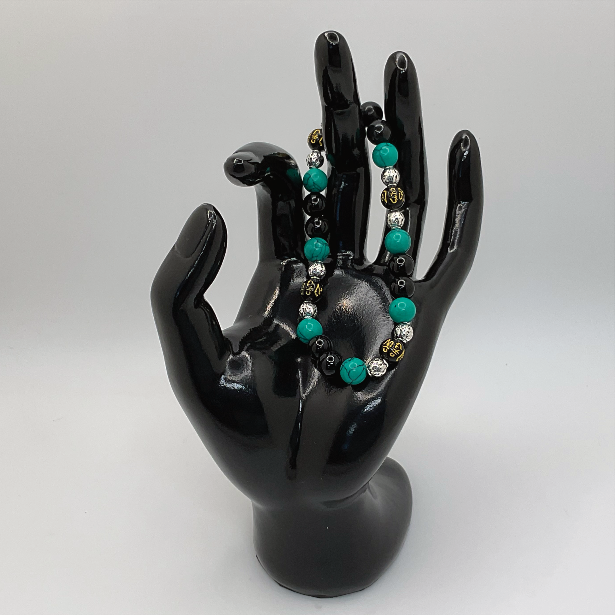 Green Howlite Black Agate Black Pixiu Bracelet with Silver Spacers