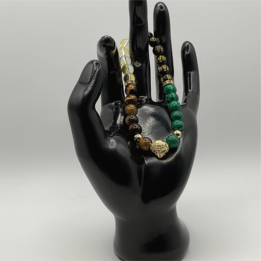 Malacite Tiger's Eye Citrine Black Pixiu Panther Charm Bracelet with Gold Tone and Crystal Spacers