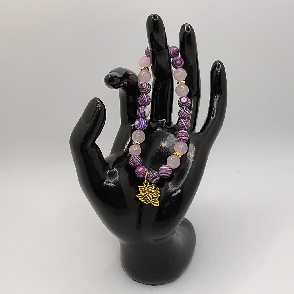 Purple Dragon Vein Rose Quartz Owl Charm Bracelet with Gold Spacers