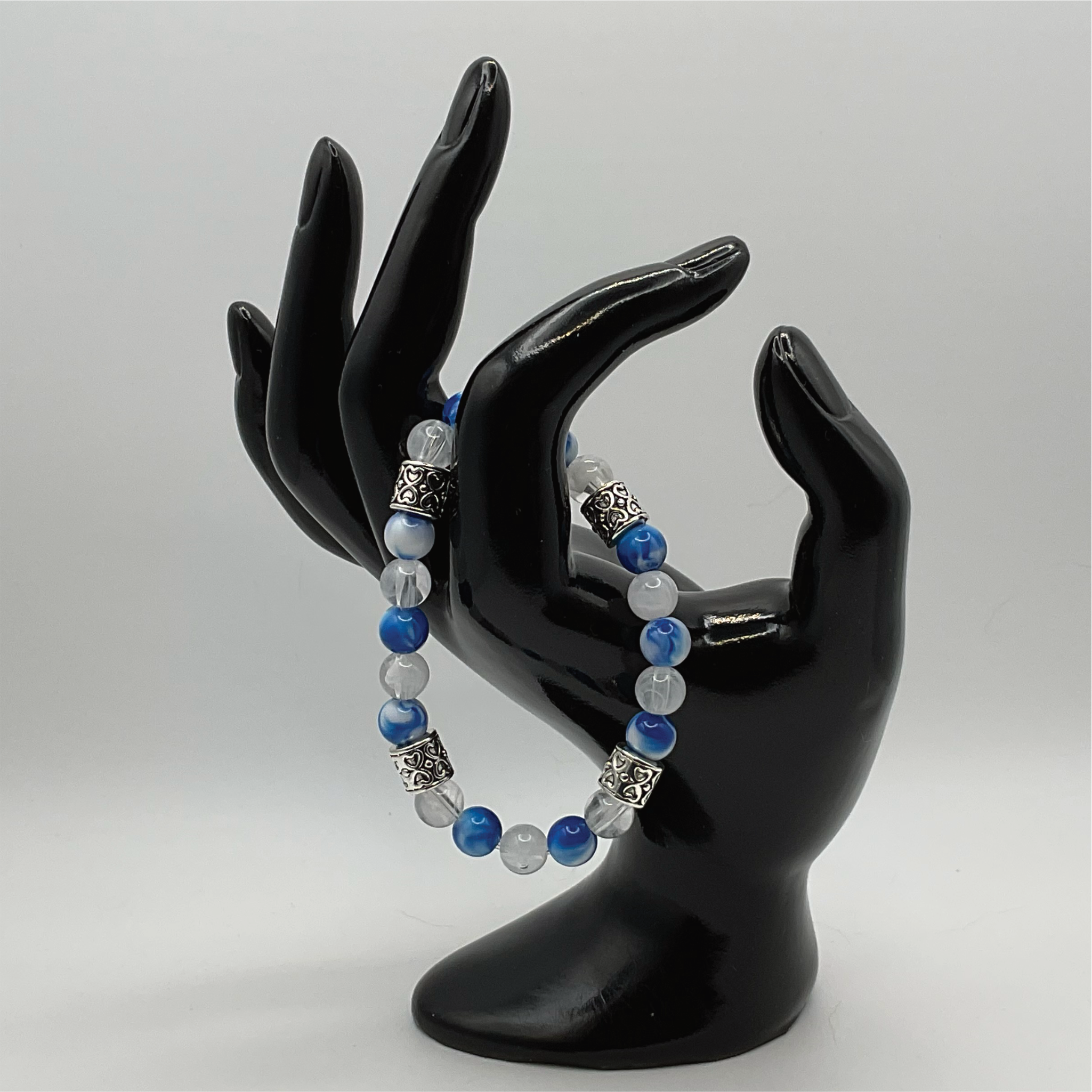 Milky Quartz Blue Dragon Vein Agate Bracelet with Silver Tone Barrel Spacers