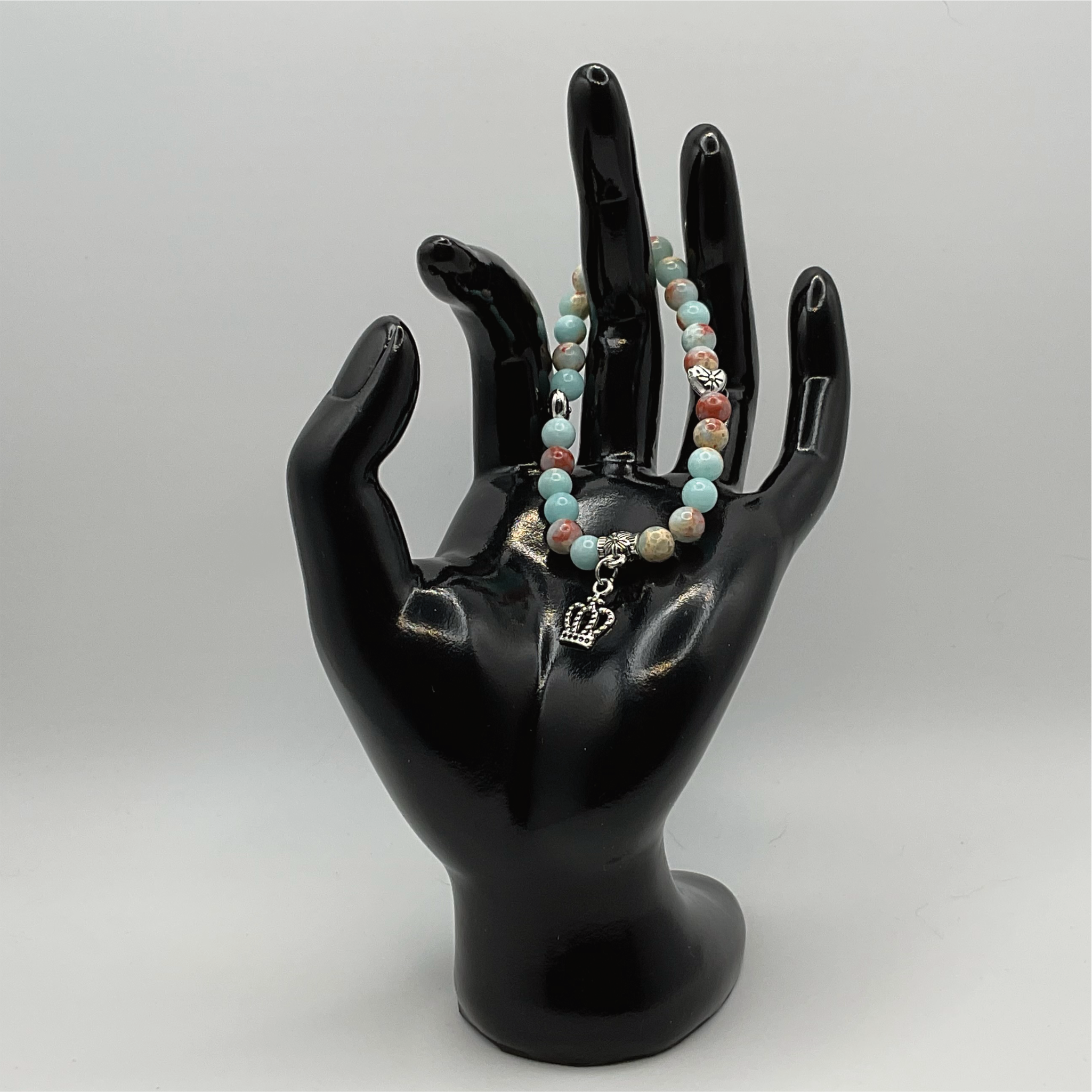 Opalite Crown Charm Bracelet with Silver Tone Heart Spacers