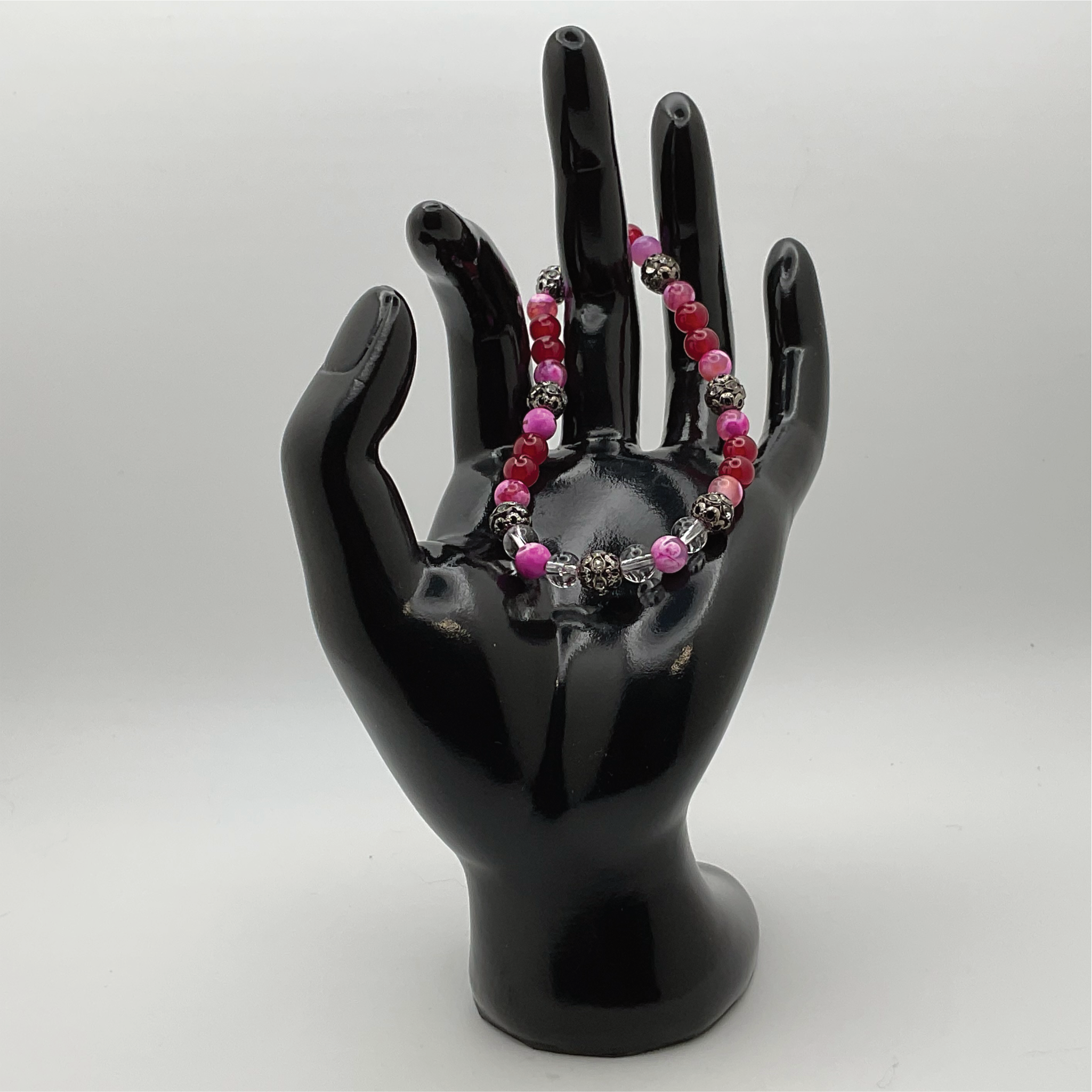 Pulsera de ágata Dragon Vein rosa coral rojo y cuarzo transparente con separadores de cristal negro
