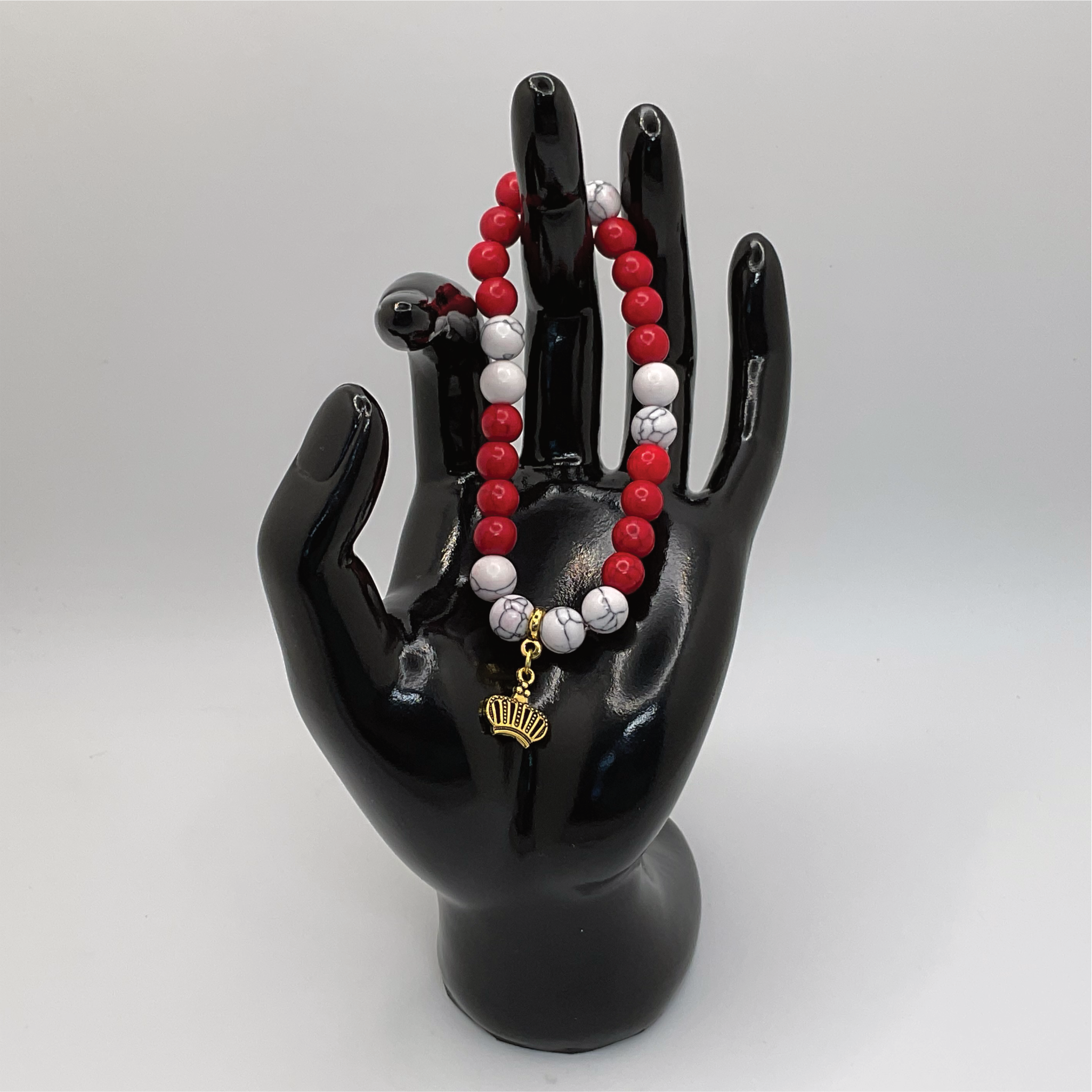 Red White Howlite Crown Charm Bracelet