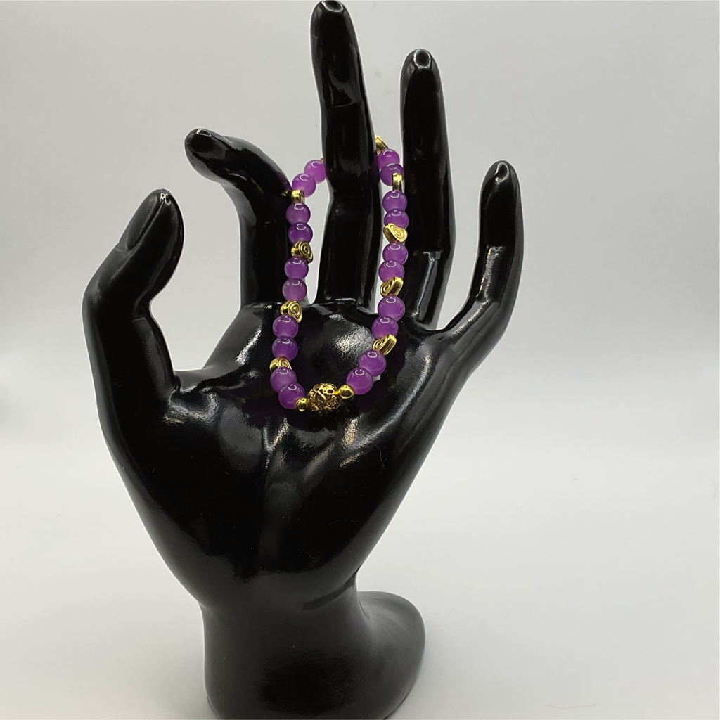 Purple Glass Bracelet with Gold Heart Spacers