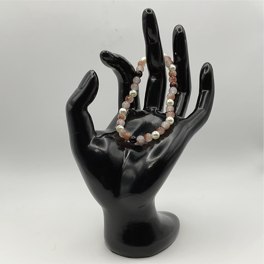 Beige Black Glass Bracelet with Pearl Spacers