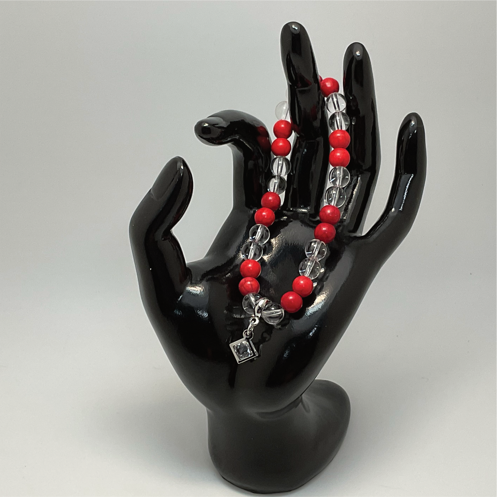 Red Coral Clear Quartz Silver Crystal Charm Bracelet