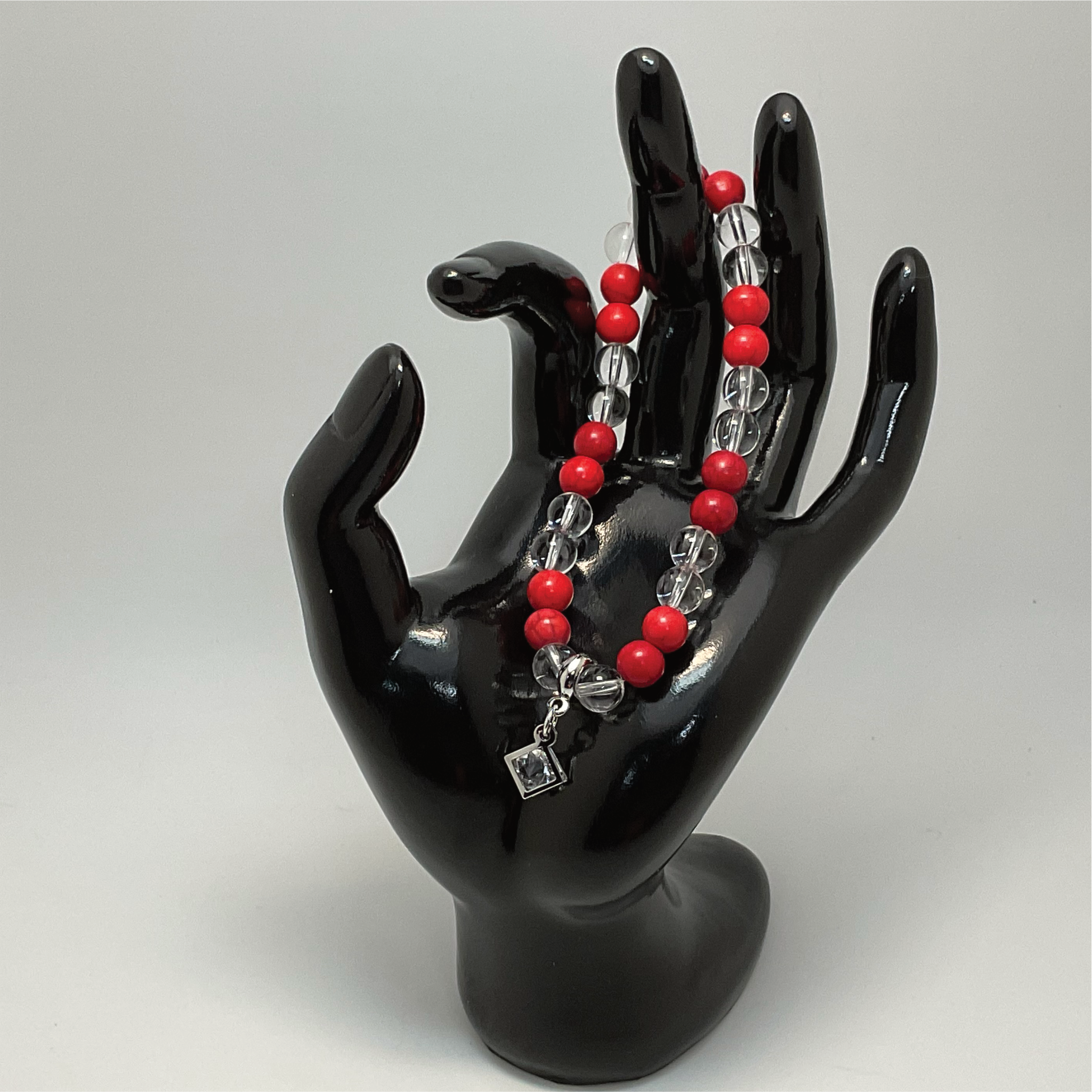 Red Coral Clear Quartz Silver Crystal Charm Bracelet