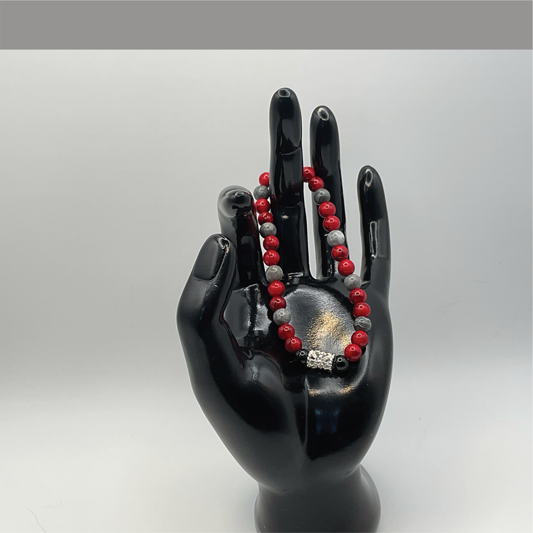Red Howlite Angelite Black Agate Bracelet with Silver Tone Barrel Spacers