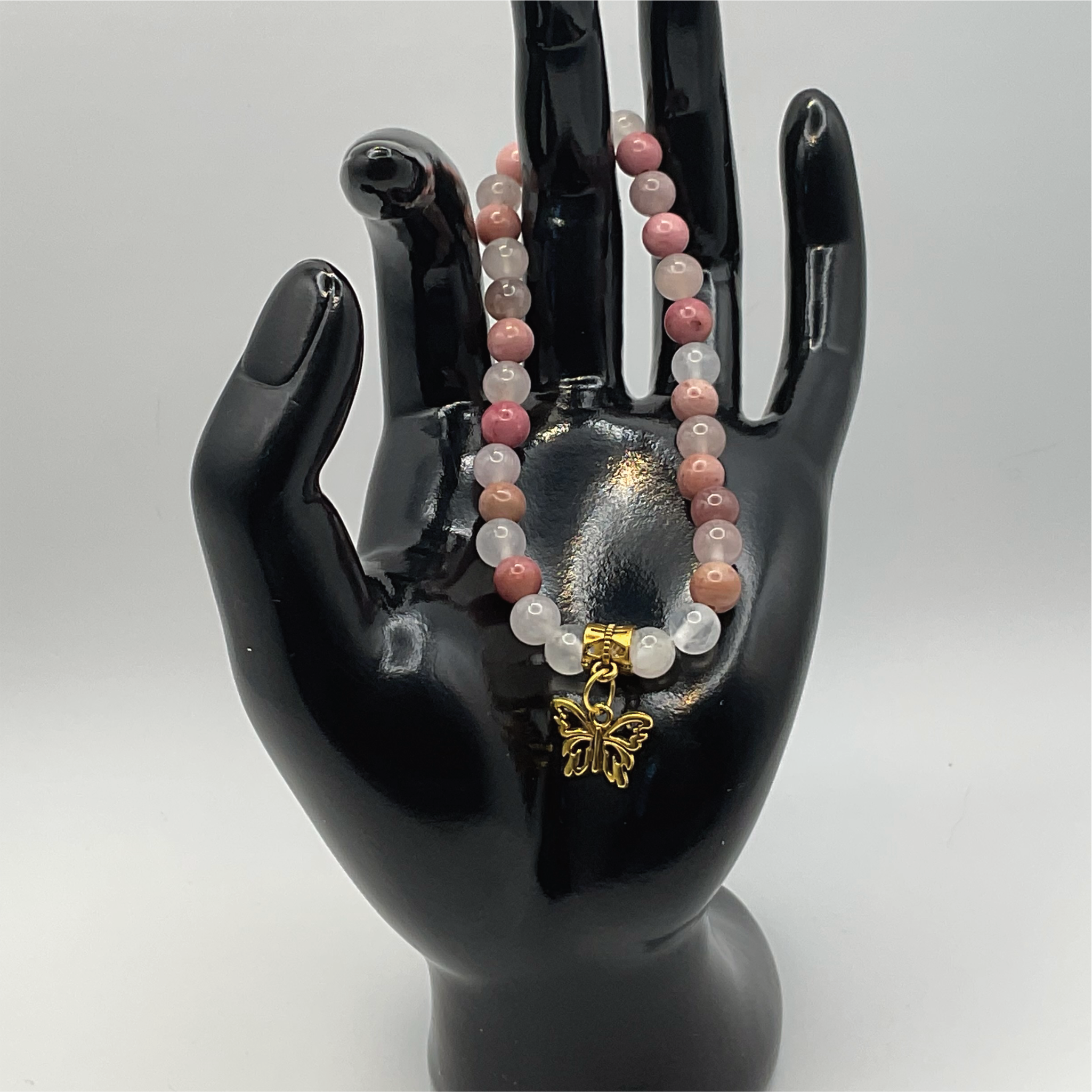 Rose Quartz Milky Quartz Butterfly Charm Bracelet
