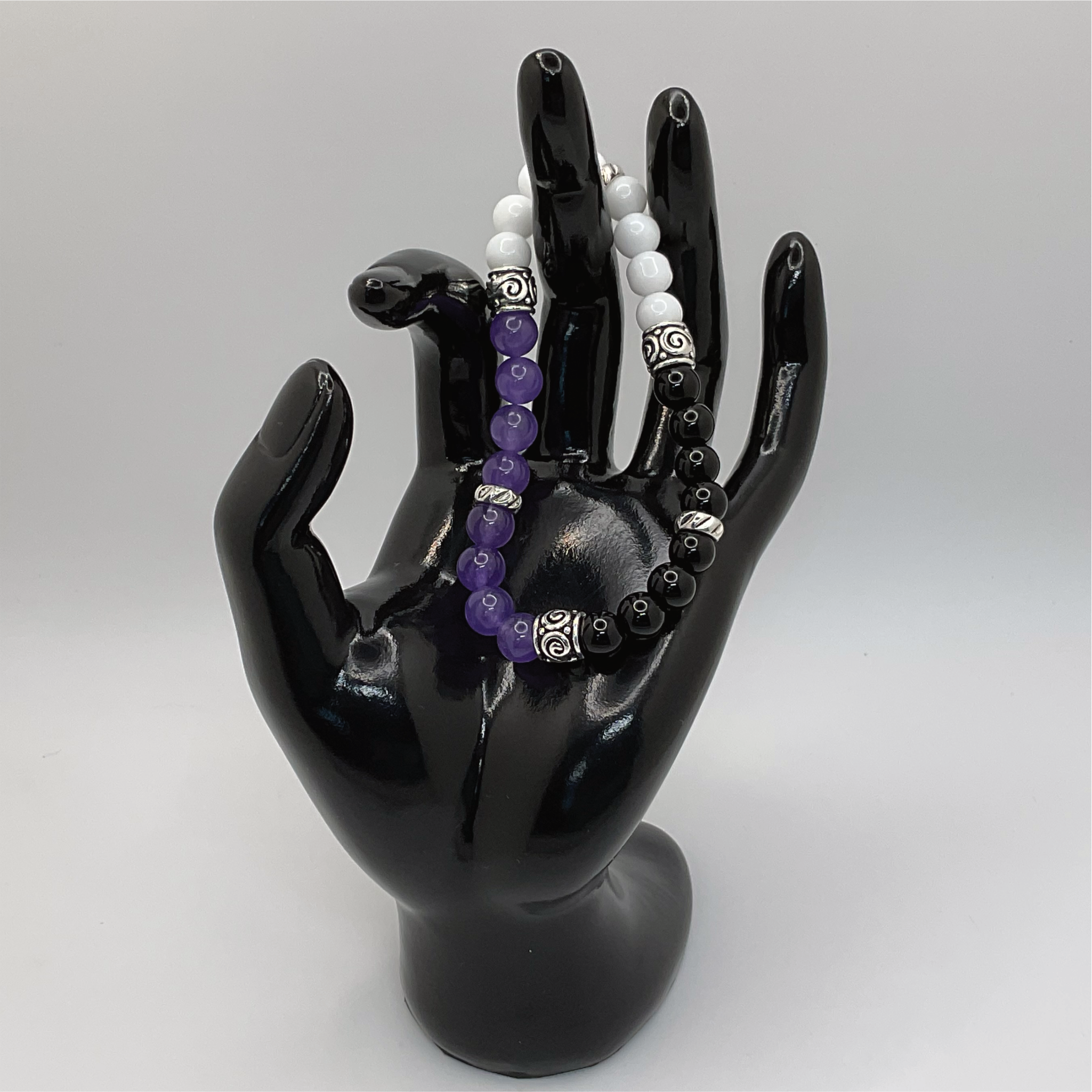 Black Agate Milky Quartz Amethyst Bracelet with Silver Spacers