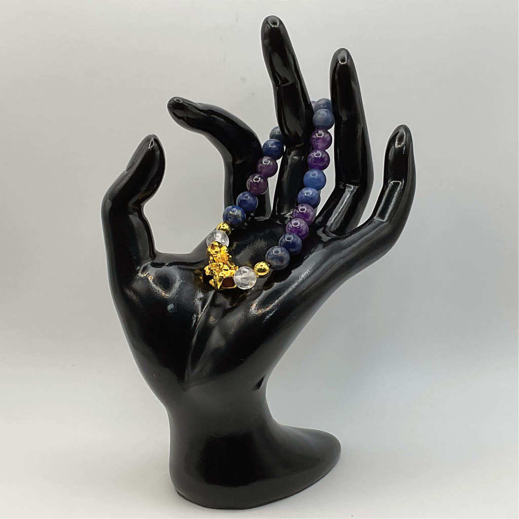 Pulsera de Cuarzo Transparente Pixiu Dragon con Piedra Azul Canadiense y Separadores Dorados