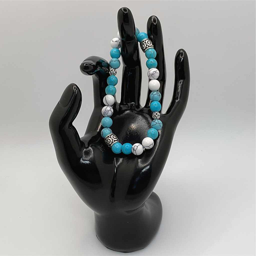 Blue White Howlite Bracelet with Silver Cage and Barrel Spacers