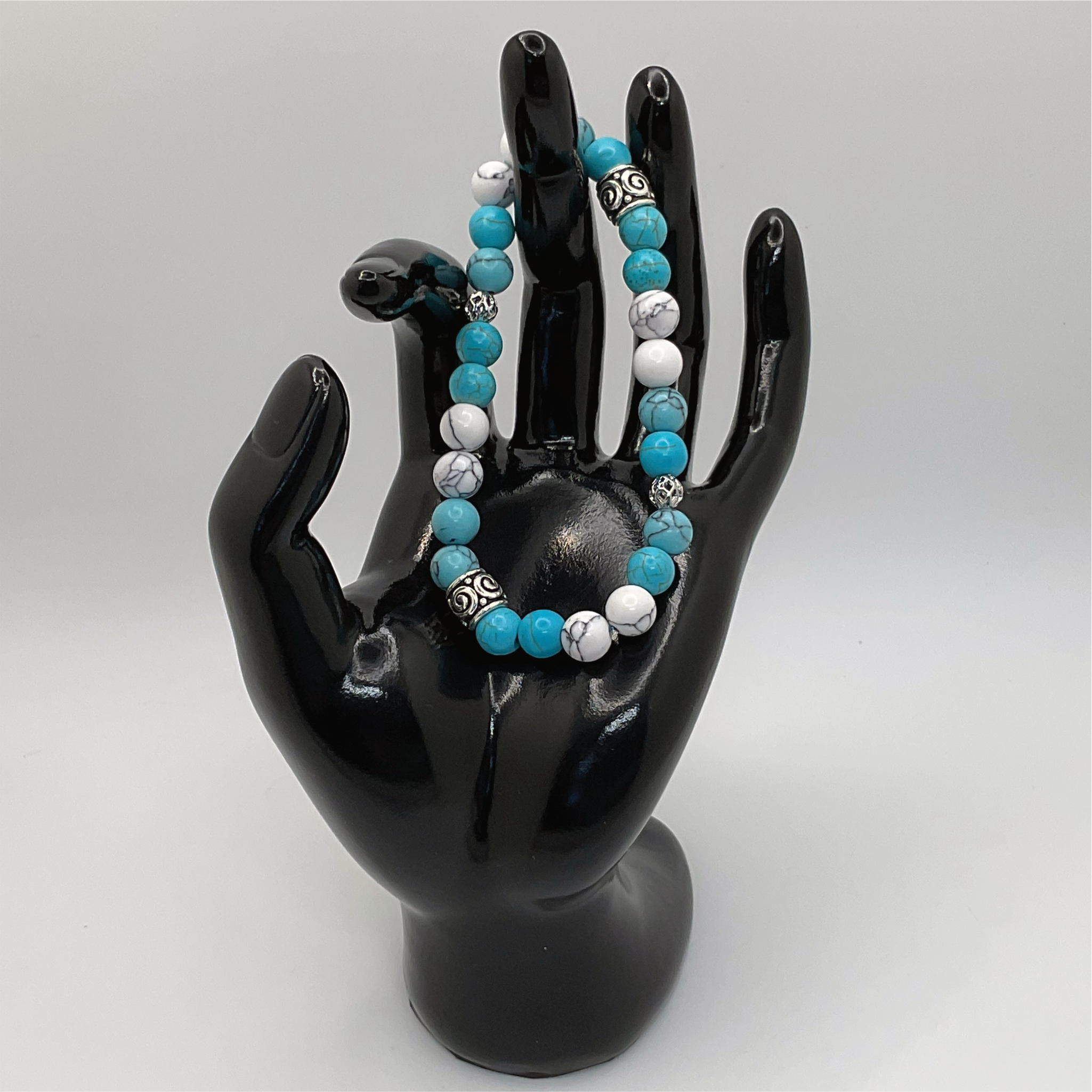 Blue White Howlite Bracelet with Silver Cage and Barrel Spacers