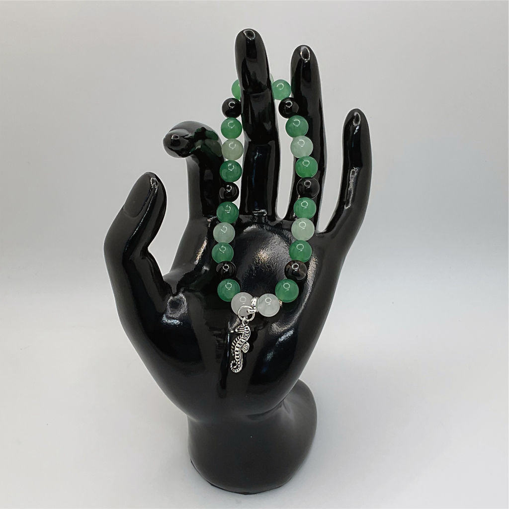 Green Chalcedony Black Agate Seahorse Charm Bracelet