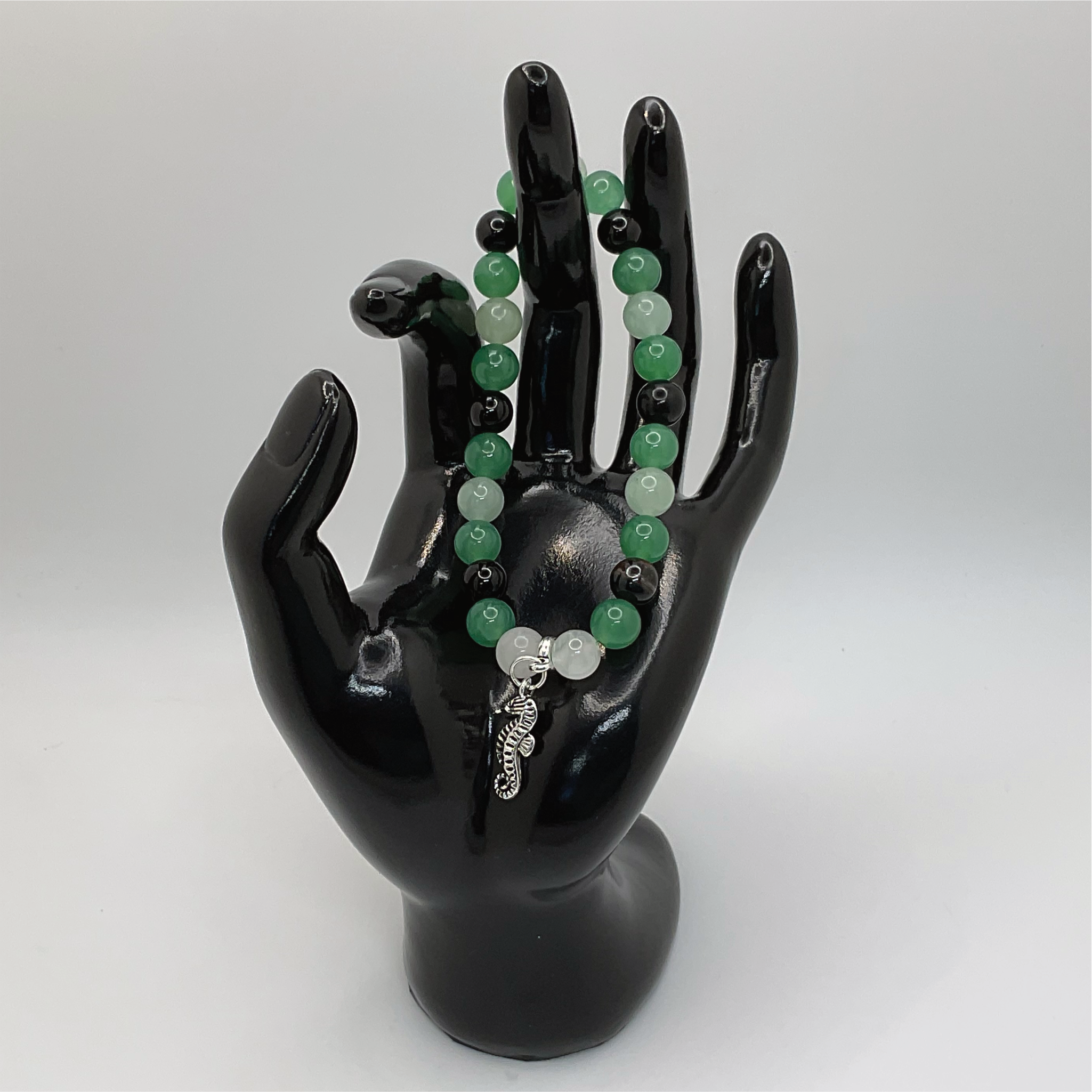Green Chalcedony Black Agate Seahorse Charm Bracelet