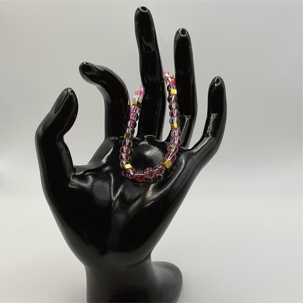 Yellow Pink Clear Glass Bracelet with Gold Square Spacers