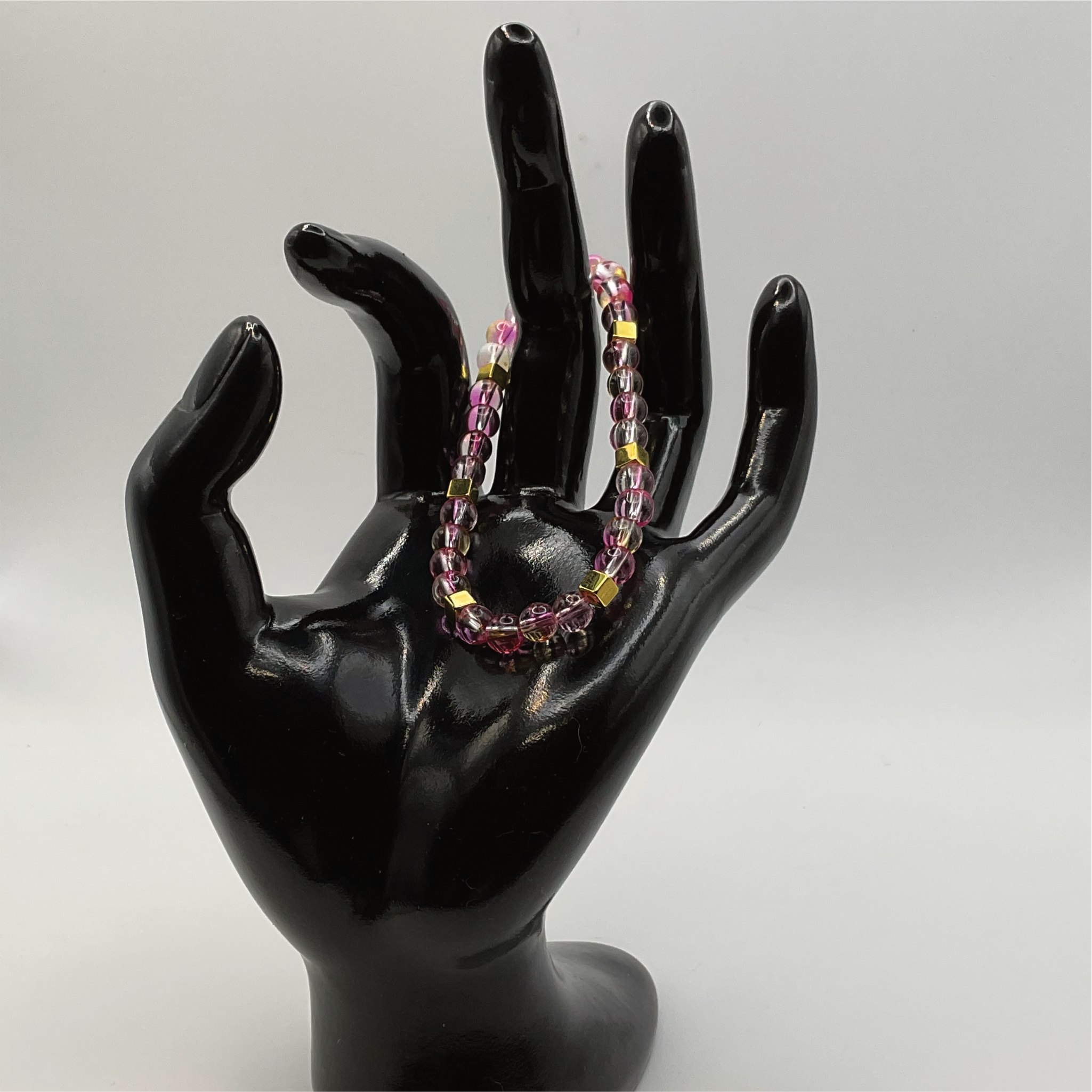Yellow Pink Clear Glass Bracelet with Gold Square Spacers