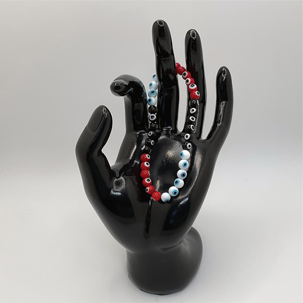 Sea Glass Red Black White Evil Eye Bracelet