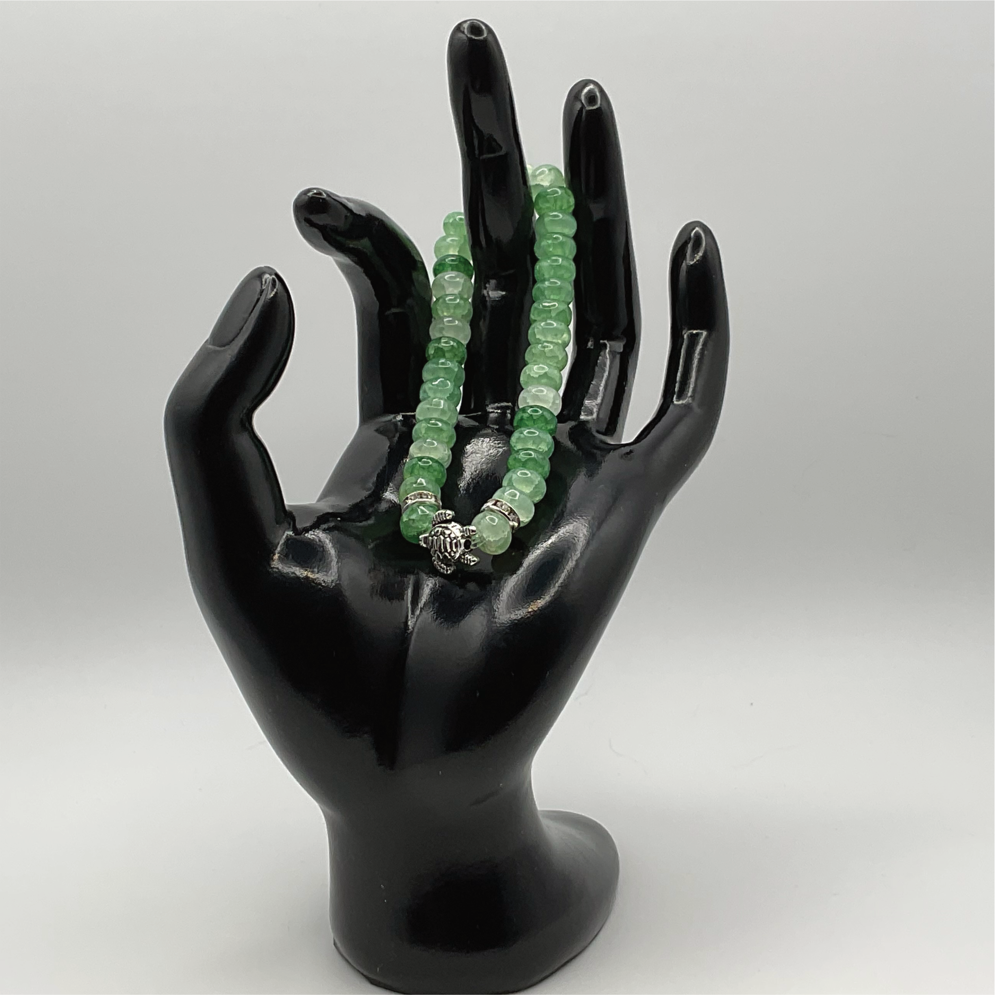 Jadeite Turtle Charm Bracelet with Silver Tone Crystal Spacers