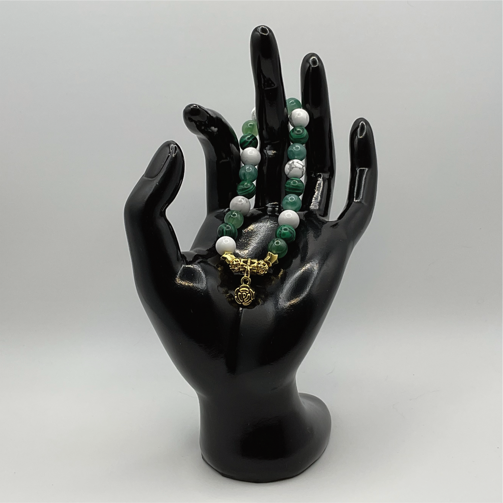 Magnesite Green Chalcedony Malachite Blossom Charm Bracelet with Gold Tone Star Spacers