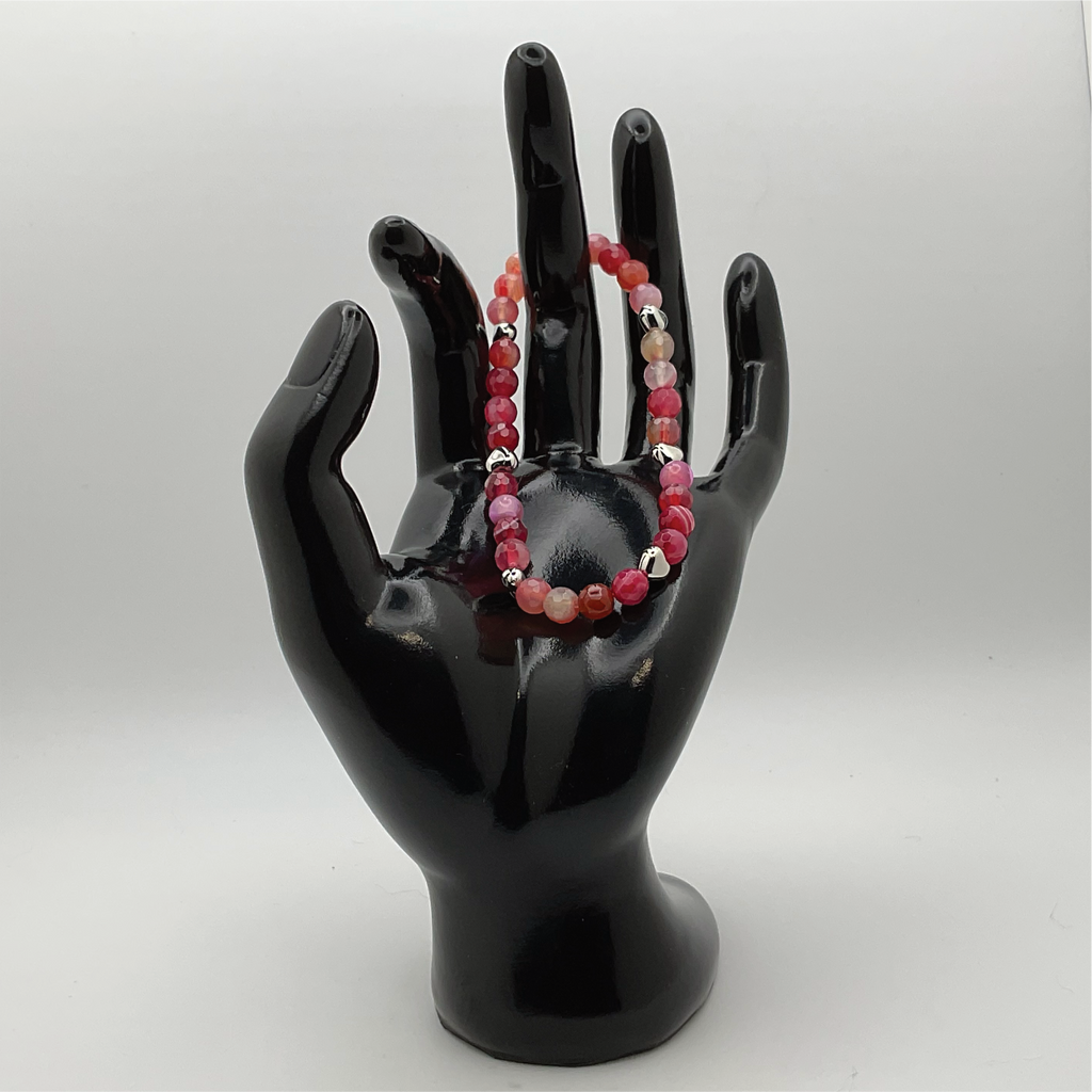 Pink Dragon Vein Agate Bracelet with Silver Heart Spacers