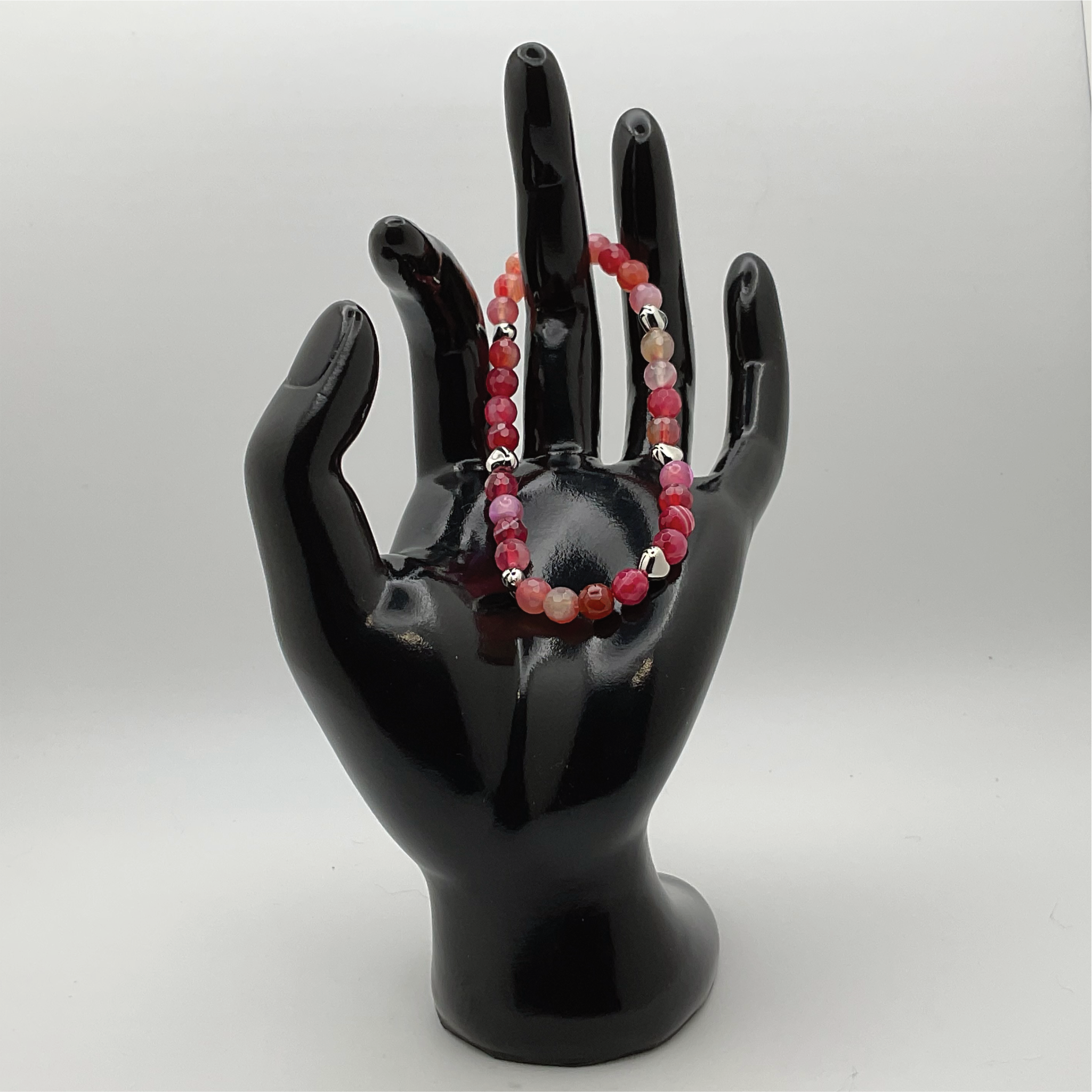 Pulsera de Ágata Vena de Dragón Rosa con Separadores de Corazón de Plata