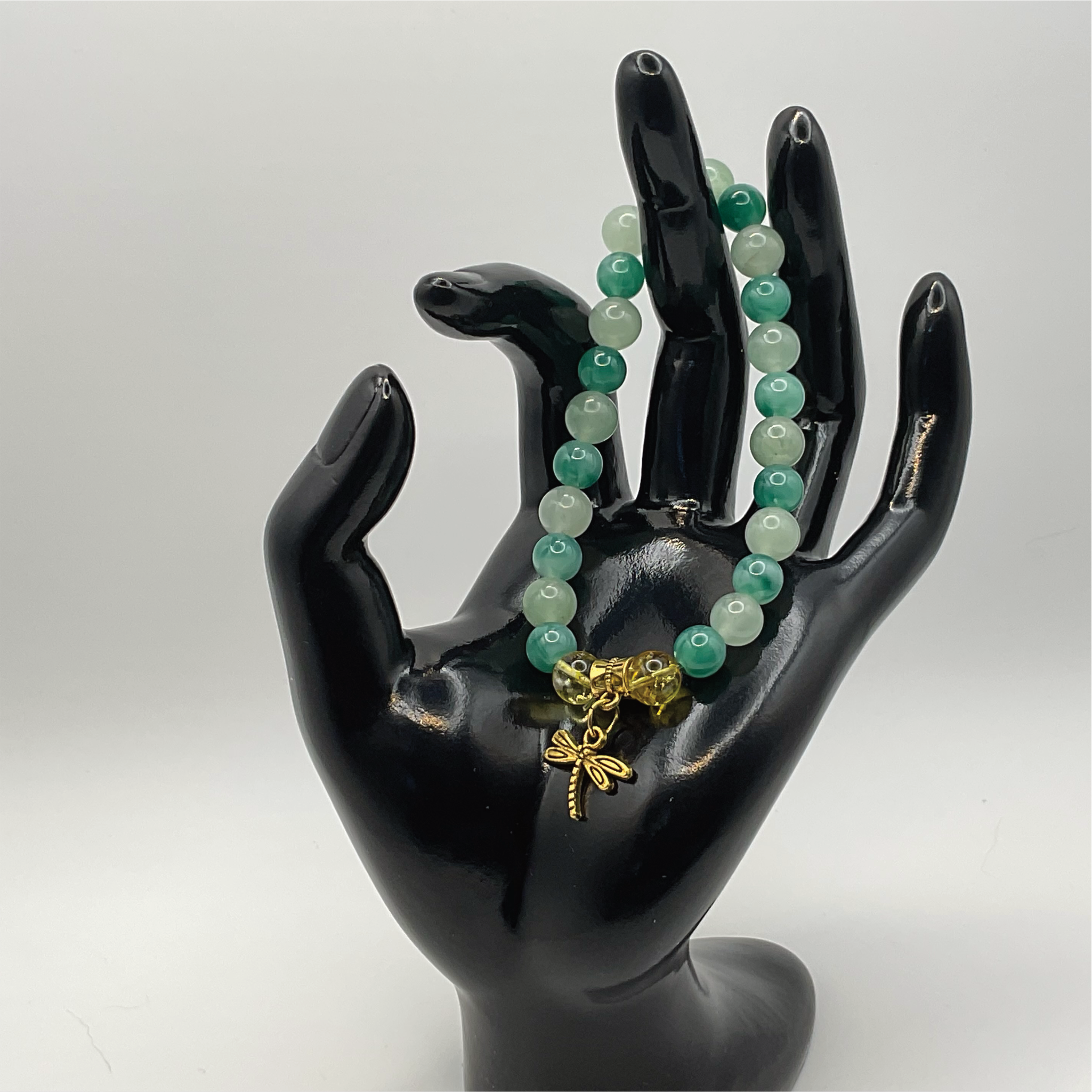 Green Chalcedony Amber Dragonfly Charm Bracelet