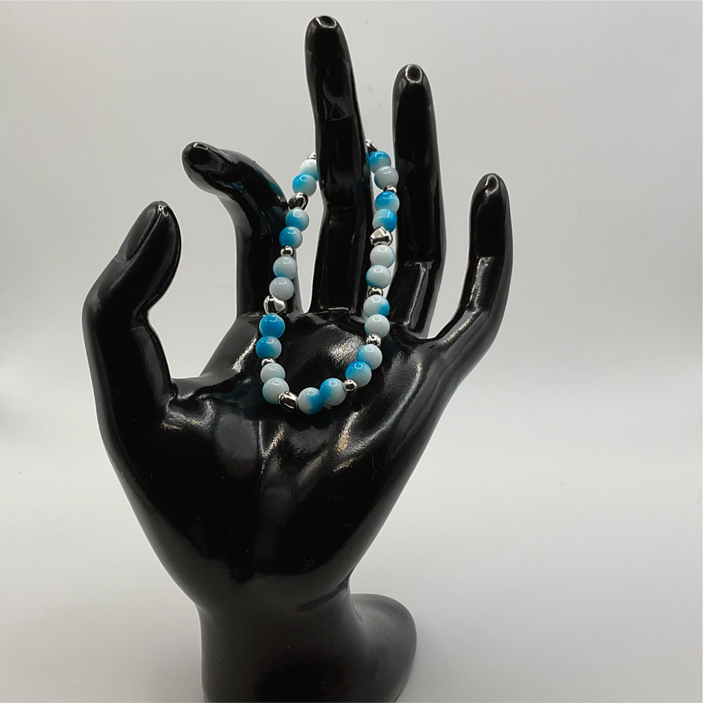 Blue White Glass Bracelet with Silver Heart Spacers