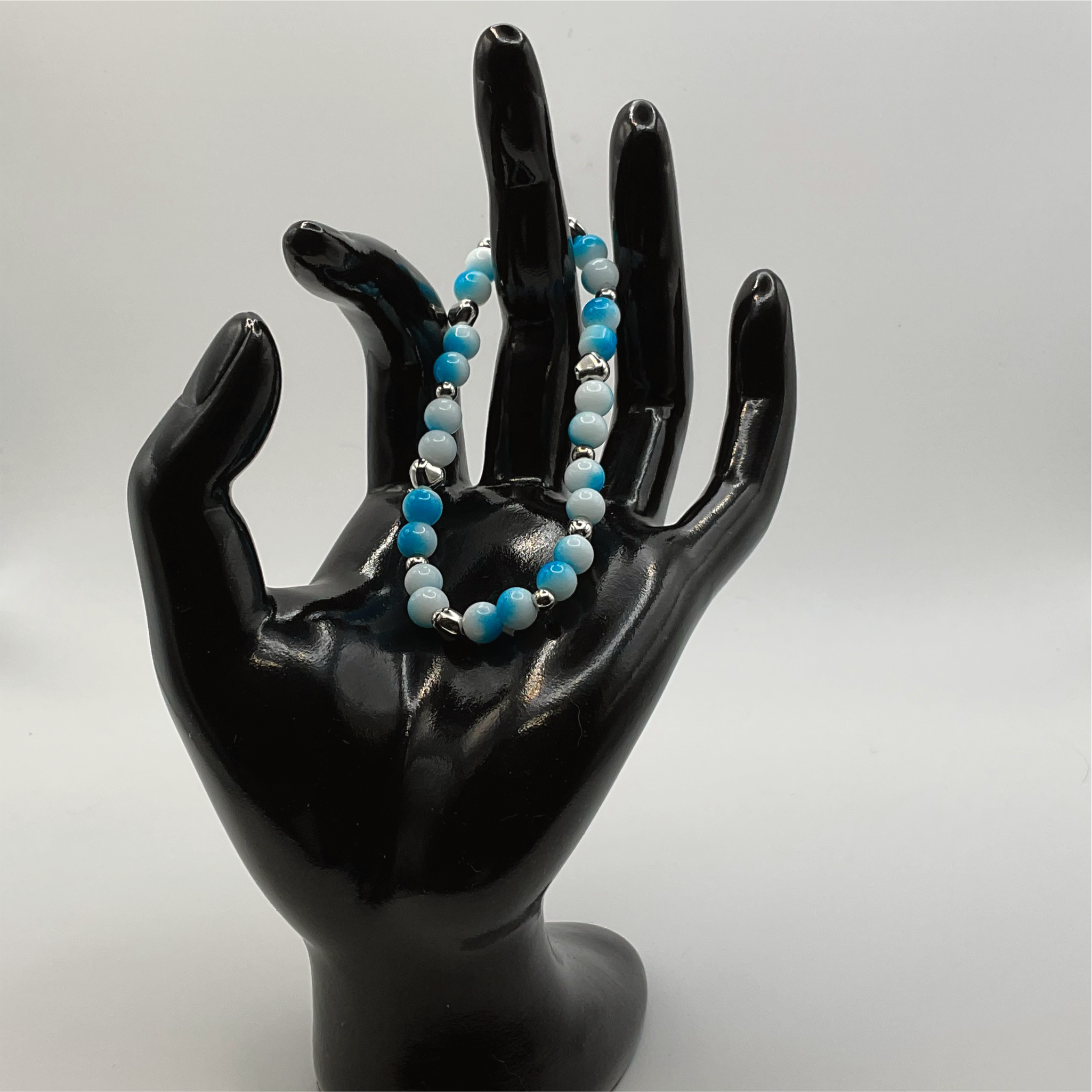 Blue White Glass Bracelet with Silver Heart Spacers