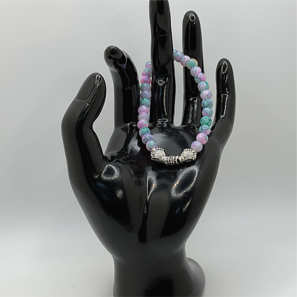 Pink Blue Tealdragon Vein Agate Bracelet with Silver Shell Spacers