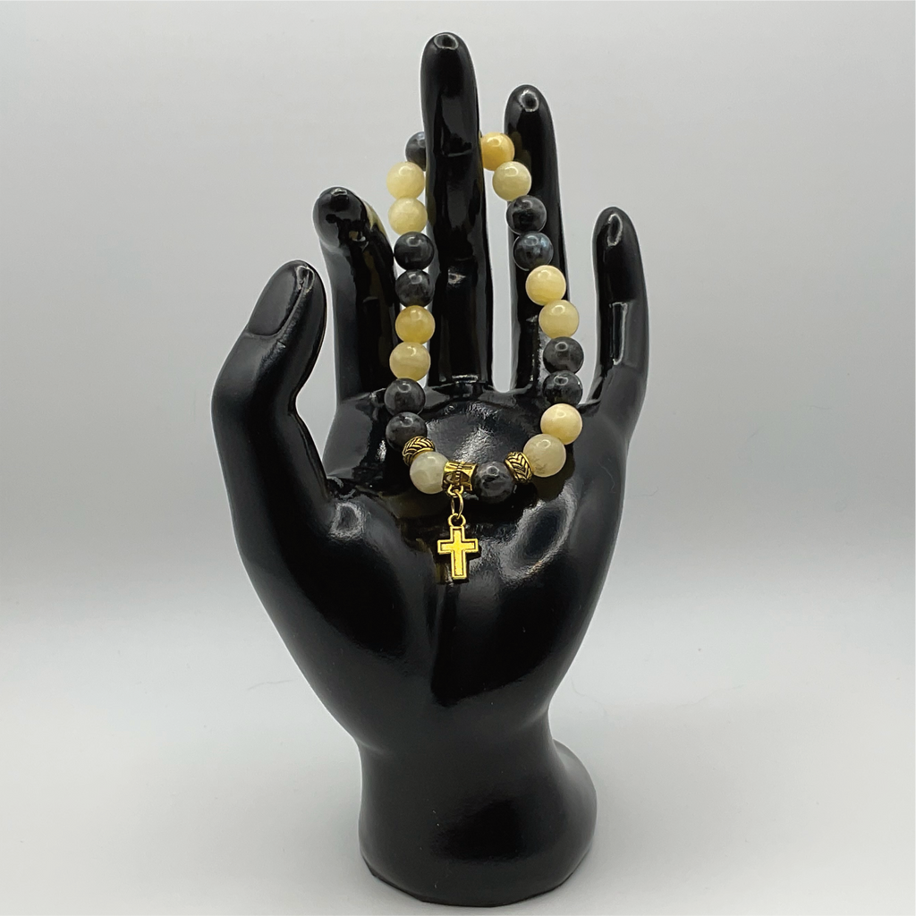 Serpentine Sodalite Cross Charm Bracelet with Gold Tone Spacers