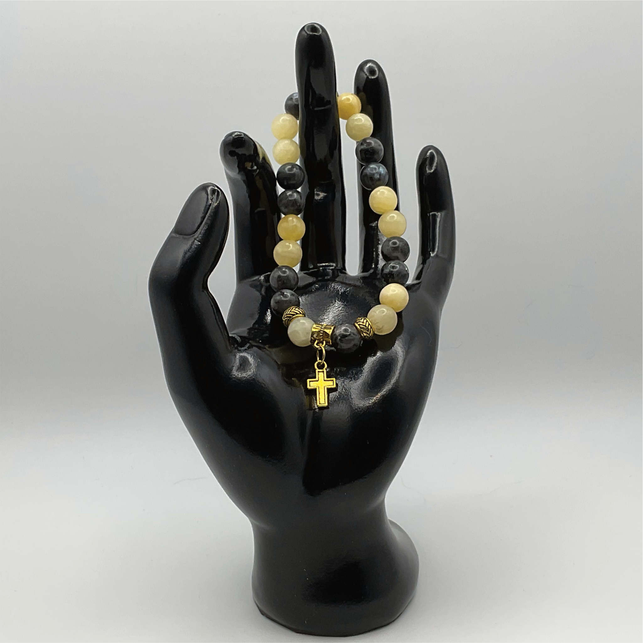 Serpentine Sodalite Cross Charm Bracelet with Gold Tone Spacers