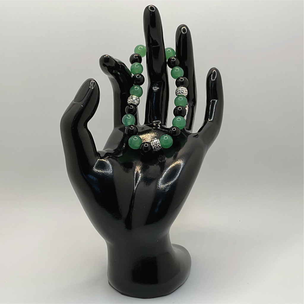 Green Chalcedony Black Agate Bracelet with Silver Spacers