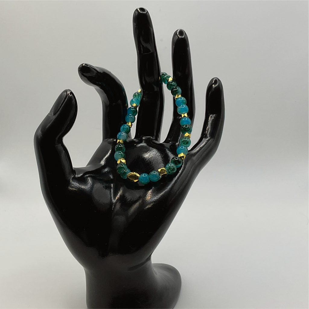 Blue Green Glass Bracelet with Gold Disc Spacers
