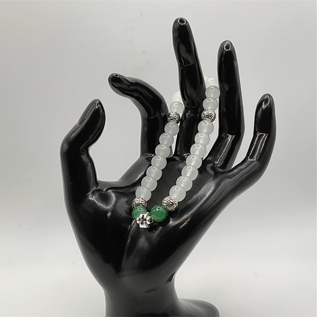 White Green Silver Charm Glass Bracelet with Silver Spacers