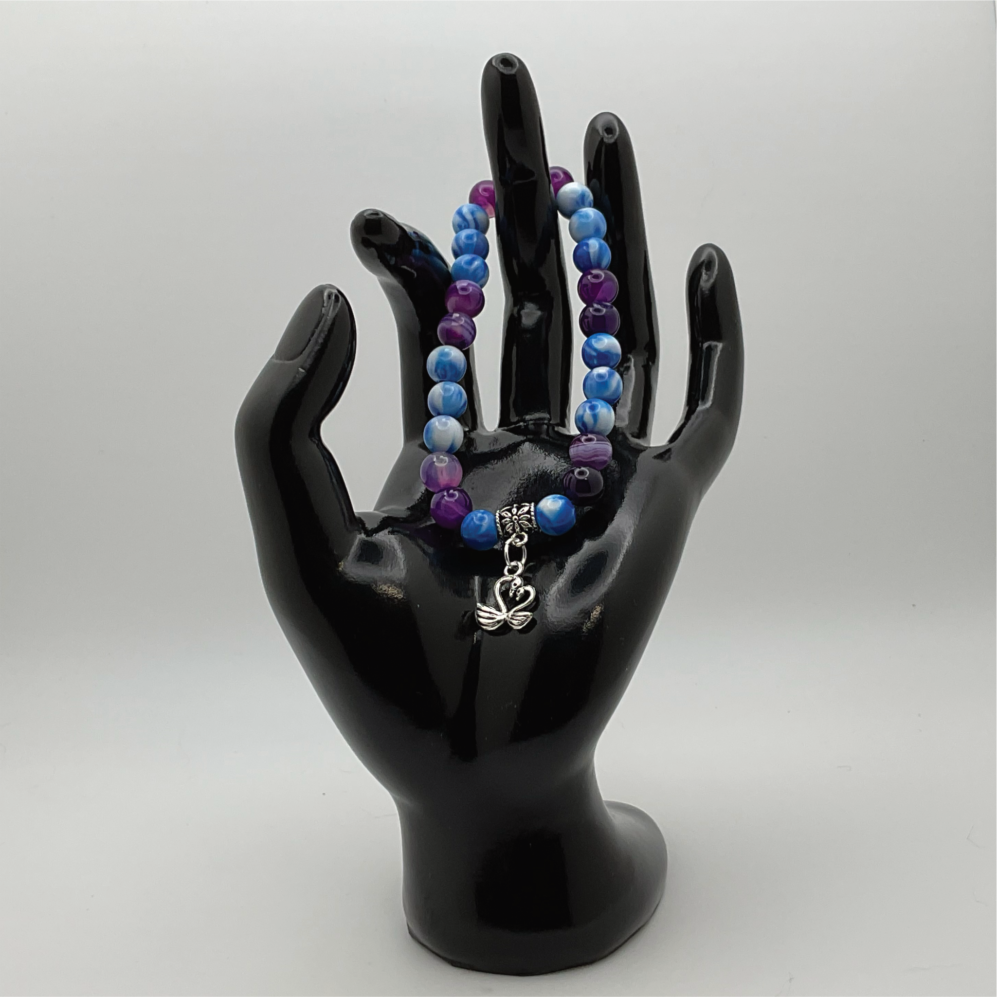 Pulsera de abalorios de cisne de ágata con vetas de dragón azul y morado