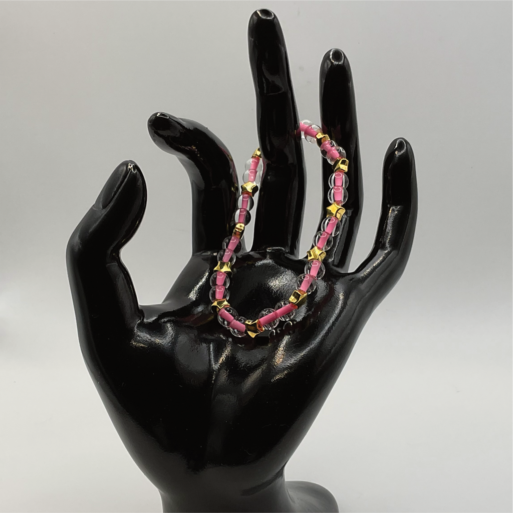 Clear Lined Pink Glass Bracelet with Gold Star Spacers