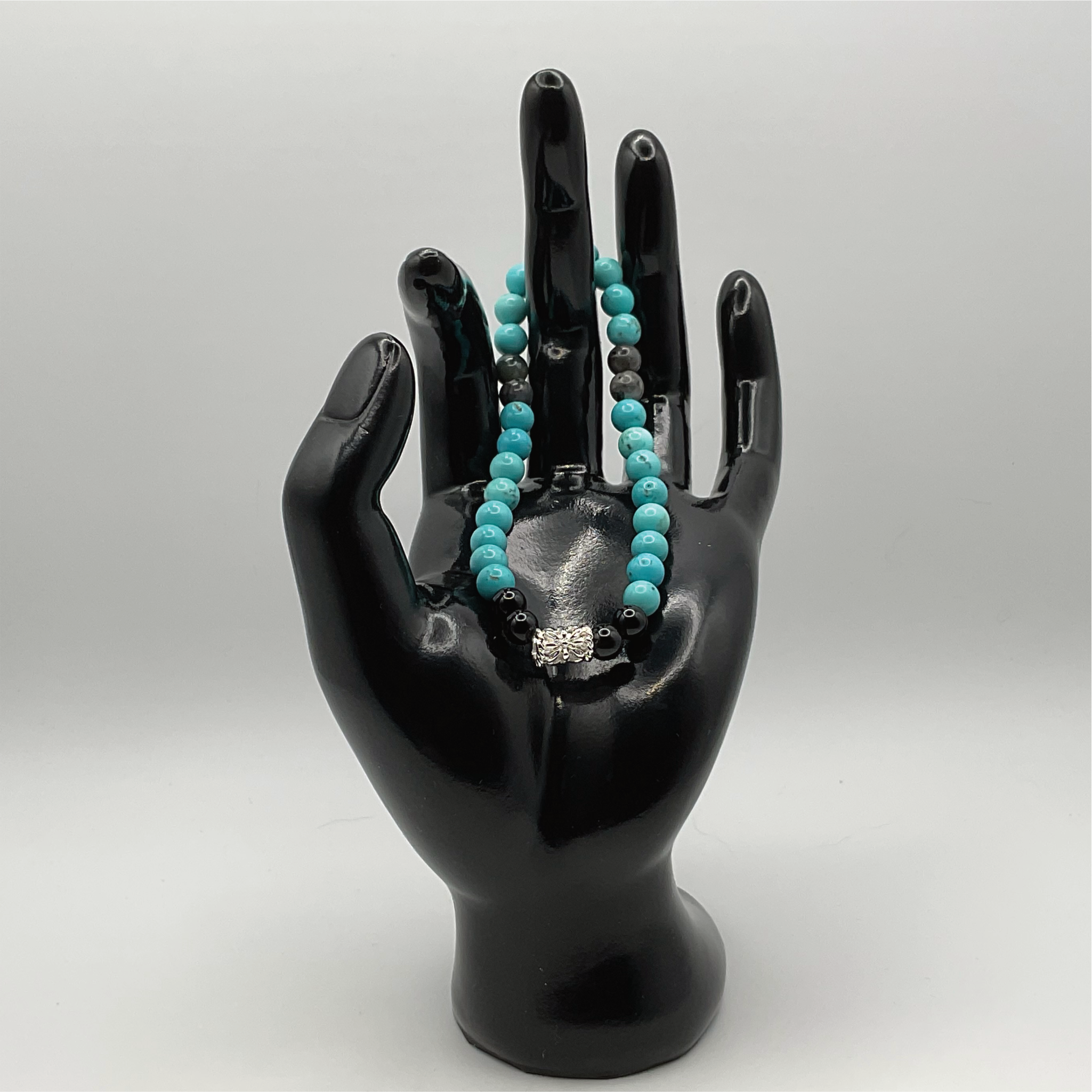 Turquoise Howlite Black Agate Bracelet with Silver Tone Barrel Spacer