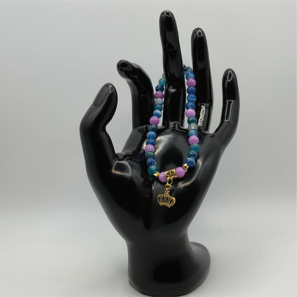 Multicolored Dragon Vein Agate Crown Charm Bracelet with Gold Tone Spacers