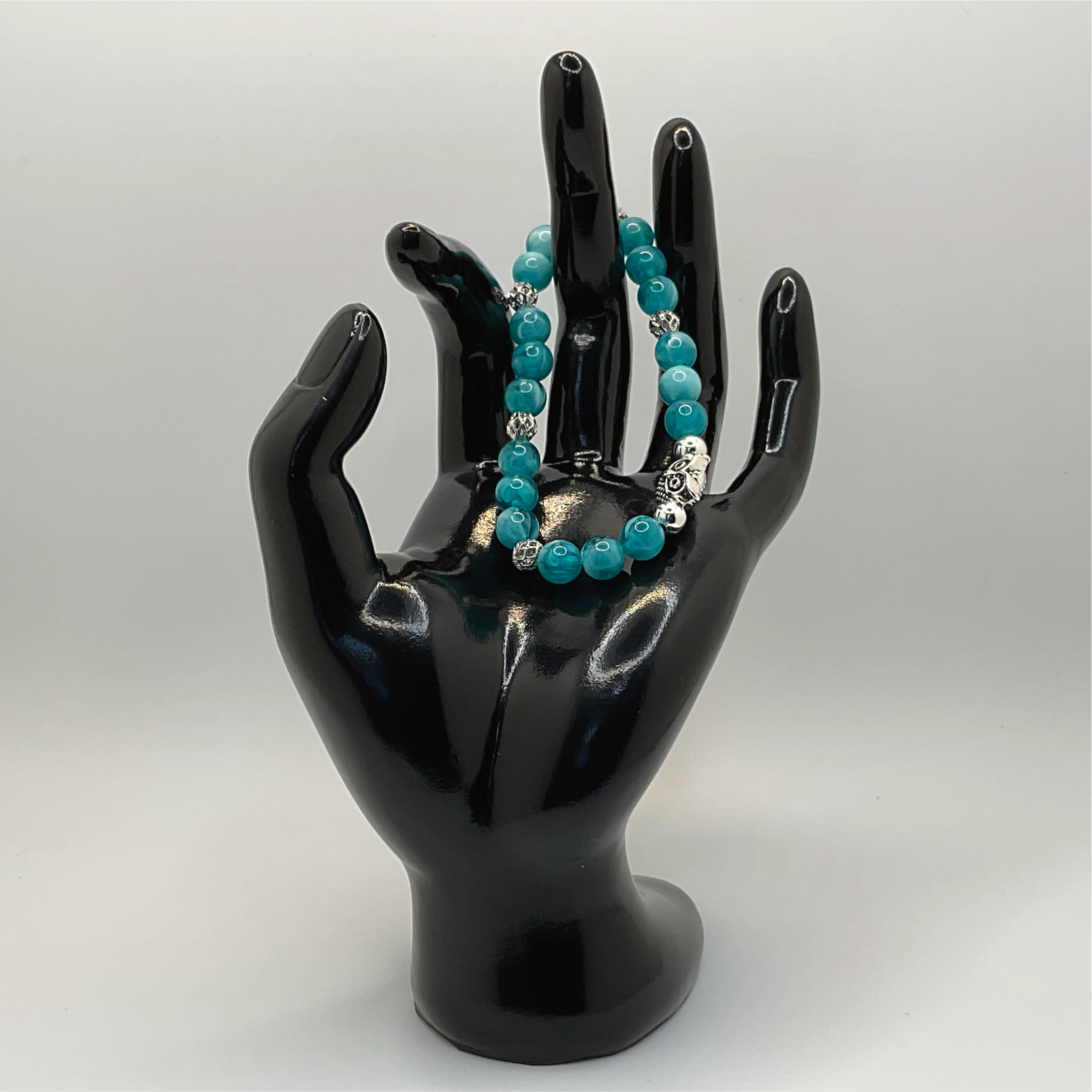 Teal Dragon Vein Agate Owl Charm Bracelet with Silver Spacers